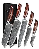 XINZUO Küchenmesser Set 5er, Hochwertige Profi Scharf Japan Kochmesser VG10 Damaststahl Chefmesser Santokumesser Brotmesser Allzweckmesser Obstmesser Ergonomischer Rosewood Griff- Yi Serie