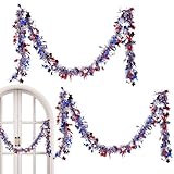 Xasbseulk Patriotische Girlande – Stern rot weiß blau Twist 4. Juli Girlande | 2 x Feiertagsdekorationen, hängende Parade-Ornamente, glitzerndes glänzendes Lametta für Gedenktag