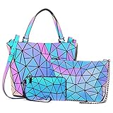 LOVEVOOK Handtasche Set Damen, Geometrische Holographic Taschen, 3pcs Umhängetasche Henkeltasche Geldbörse PU Leder, Leuchtende Schultertasche, Beste Geschenk für Frauen, A-3 Sets