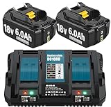 Hohe Kapazität 18V 6.0Ah/6000mAh Verbesserte 2X Ersatzakku für Makita + Dual Port 6A Ladegerät für DC18RD Kompatibel für BL1860B BL1860 BL1850B BL1840B BL1830 with LED Werkzeugakku.