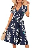 OUGES Damen Sommerkleid Kurzarm V-Ausschnitt Knielang Blumenmuster Midi Kleid mit Taschen（Florals, L）