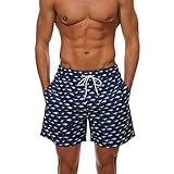 HLVEXH Männer Badehosen Coole Kurz Sommer Schlank Passen Schnelltrocknend Boardshorts mit Mesh-Futter Bunte Navy Blau Hai Grafik L