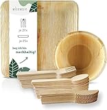 Wiseware Palmblatt Geschirrset - 25 Palmblatt Teller & Schalen, 20 Messer, Gabel & Löffel aus Holz - Biologisch abbaubares Einweggeschirr aus Palmblatt & Holz 110-teilig