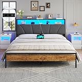 Brinlawb Bett 160x200 mit Lattenrost aus Metall, Bettgestell 160x200 cm mit LED Beleuchtung, Metallbett 160x200cm mit Kopfteil und Ladestation(2 AC-Steckdosen,2 USB-Anschlüsse) Doppelbett, Braun& Grau