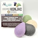 Konjac-Schwämme Bio Gesicht kombiniert mit Grüntee, Karbon, Lavendel und Walnussschalen | Set mit 4 Schwämmen in Tropfenform | Natürlich reinigender Gemüseschwamm