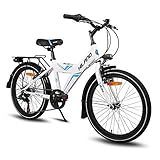 Hiland Rocket 20 Zoll Kinderfahrrad Mountainbike für Kinder Jungen Mädchen ab 6 7 8 9 10 Jahren mit 6 Gang, Twist Grip Shift, Beleuchtung nach STVO, Gepäckträger, Aluminium ständer, weiß