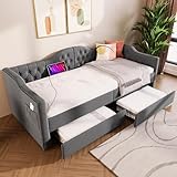 Rtopsu Polsterbett Kinderbett 90x200 cm mit USB-Type-C, Schlafsofa Tagesbett mit 2 Stauraum Schubladen, Sofabett Jugendbett Bettgestell mit Lattenrost aus Holz, Leinen, Grau, Ohne Matratze