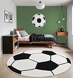 the carpet Beat Kids Weicher Kuscheliger Kinderteppich, Pflegeleicht, Farbecht, Fussball Motiv, Schwarz-Creme, 120 cm Rund