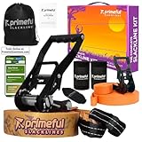 Primeful® Slackline für Kinder & Erwachsene - 18.5 m Länge inkl. Übungsleine, Armtrainer & Baumschutz - Premium-Qualität mit ergonomischer Ratsche & Tragetasche - Trainieren Sie Körperkraft & Balance!