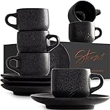 STEINZEIT Design Espressotassen (6x80ml) - Espressotassen Set mit passenden Untertassen - Espressokaffeetassen aus 100% Handfertigung - stapelbare Mokkatassen in Schwarz