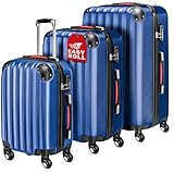 Monzana® 3tlg. Kofferset Baseline Hartschalen Koffer M-L-XL Gel-Griffe 4 Rollen Kantenschutz Schloss Standfüße Trolley Rollkoffer Reisekoffer blau