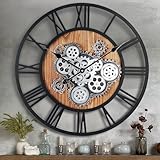Lafocuse 57cm Vintage Wanduhr Große mit Beweglichen Zahnrädern, Industriell Steampunk XXL Wanduhr Holz, Antike Retro Deko für Küche Wohnzimmer Bar