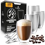 Latte Macchiato Gläser mit Löffel im Set Borosilikatglas 350ml - Doppelwandige Kaffee Cappuccino Gläser - Thermogläser doppelwandig - Teegläser Gläser Set - Espresso Tassen coffee (Latte Macchiato)