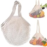 RFYTDCF 3 Stück Netztasche, Einkaufstasche Faltbar Mesh Bag Wiederverwendbare Einkaufsnetz mit Griff Langer Baumwolle Netzbeutel Tasche für Aufbewahrung Obst und Gemüse