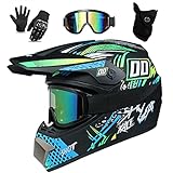 UIGJIOG Kinder Motocross Helm, MTB Fullface Helm Dirt Bike Integral Motorradhelm Set Für Jungen Mädchen Quad Bikes BMX Fahrrad MTB ATV Offroad DH Helm Mit Liniendesign,A