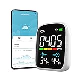 Air Monitor Indoor CO2 Messgerät, NDIR Luftqualität Raumluft Monitor, WiFi Stromsparen CO2 Melder mit tragbare Alarm, CO2 Thermometer mit Digitalen, Temperatur Luftfeuchtigkeit