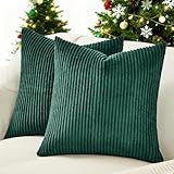 Topfinel Kissenbezug 80x80 Dunkelgrün Kordsamt 2er Set Gestreiftes Muster Kissenbezüge Kissenhülle Dekokissen Sofakissen Couchkissen Dekokissen Zierkisse