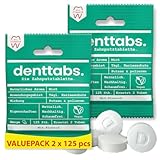 Denttabs Zahnputztabletten Mint mit Fluorid 2 x 125 Stck. für 4 Monate. Die vollwertige Alternative zur Zahnpasta. VEGAN Plastikfrei ohne Konservierungsstoffe. ORIGINAL DENTTABS kompostierbare Beutel