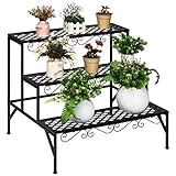 COSTWAY 3-stufige Metall Blumentreppe, Blumenregal Pflanzenständer Pflanzenregal mit rutschfesten Füßen, Pflanzentreppe Pflanzentöpfe für Garten Balkon, 70 x 21 x 60,5 cm, schwarz