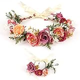 Blumenkranz Blume Krone Stirnband, Rose Braut Haarschmuck mit Armband-Set, GuKKK Blumenstirnband Verstellbarer Gürtel, Haarbänder Floral Girlande, für Damen Hochzeit Zeremonie Festival Party Strand