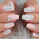 24 Stück Nägel zum Aufkleben Sarg Mittel Weiß Rosa French Tip Kunstnägel Press on Nails Vollabdeckung Natürliche Acryl Fingernägel Künstliche Nägel mit Strass für Frauen und Mädchen