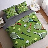 Grün Bettwäsche Set 200 x 200 cm Tennisschläger 3 teilig Polyester Baumwolle Bettbezug weich bügelfrei für Allergiker Teenager Erwachsene