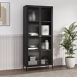 [en.casa] Vitrinenschrank Säkylä Bücherschrank mit 4 Ablagen Küchenschrank mit 2 Türen Schwarz Mehzweckschrank Vitrine Metallschrank 180 x 80 x 35 cm