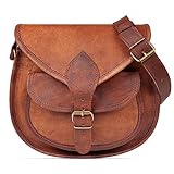 LEABAGS Leder Handtasche Damen, Vintage Cognac Premium Echtleder Umhängetasche, Damen Schultertasche Damentasche Tragetasche für Arbeit Uni Schule Freizeit I Größe L (28 x 23 x 8 cm)