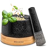 Praknu Mörser mit Stößel aus Granit - Für ein feines Mahlergebnis - Mit Untersetzer aus nachhaltigem FSC® Holz - Leicht zu Reinigen
