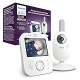 PHILIPS Avent Video Babyphone – privat und sicher mit A-FHSS Technologie, 3,5 Zoll Farbbildschirm, Schlaflieder (Modell SCD843/05), Weiß, Grau