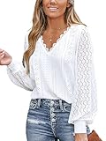 CUPSHE Damen Blusen mit V Ausschnitt, überbackener Spitze, Lange Spitzenärmel, gebänderte Manschetten, schickes, Elegantes Hemd, Weiß XL