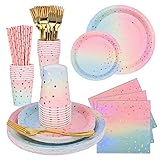 Revivoer Partygeschirr Partyzubehör Pappteller Set, 150 Stück Papier Geschirr Set einschließlich Tischdecke Teller Becher Servietten zum Geburtstag,Hochzeiten (25 Gäste)