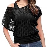 Damen Casual Sexy Schulterfrei Tops Lippen Druck T-Shirts 80er 90er Neon-Outfit Kurzarm Oversized Party Kostüme, 2 Fischnetz, zweiteilig, schwarz, XX-Large