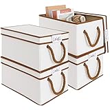 LoforHoney Home Aufbewahrungskörbe aus Stoff mit Deckel zum Organisieren, faltbare Aufbewahrungsboxen mit Deckel für Regale, Kleiderkörbe mit Baumwollseilgriffen, beige, 4er-Pack