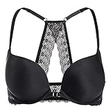 DOBREVA Damen Vorderverschluss Push Up BH mit Bügel Soft T Shirt Tiefen Ausschnitt BHS Neckholder Gepolsterter Schwarz 85B