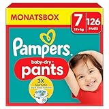 Pampers Windeln Pants Größe 7 (17kg+) Baby-Dry, Extra Large mit Stop- und Schutz Täschchen, MONATSBOX, 126 Höschenwindeln