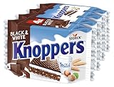 Knoppers Black and White – 4 x 25g – Gefüllte Waffelschnitte mit dunklen Kakaowaffeln, dunklen Gebäckstückchen und Nougatcremefüllung