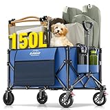 Elegear Bollerwagen Faltbar, 150L Beach Wagen 150KG Belastbar, 2xGetränkehalter 2xSeitentasche, 0,05m³ Faltgröße Transportwagen klappbar, PVC Reifen mit Bremsen, Handwagen Gartenwagen Strand Camping