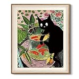 HUARCEY Gerahmt Vintage Wandbilder Wohnzimmer, Wanddeko mit Tiermotiven, Leinwand Bilder Wandbilder für Wohnzimmer & Schlafzimmer, Die Katze fängt Fische 30L x 25W cm