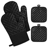 AUAUY 1 Pair Oven Mitts, 230°C/446°F Heat Resistant BBQ Gloves with mit 2 Topflappen, Cotton Oven Mittens, Silicone Stripes BBQ Gloves-Oven Mitts, Non-Slip Cooking Gloves for Cooking Baking Grilling