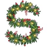 Weihnachtsgirlande, 2.7M Weihnachtsdeko Girlande Weihnachten, Vorbeleuchteter Künstlicher Tannengirlande mit Beleuchtung 30 LED für Treppen Kamin Haustür, Weihnachtsdekoration Innen und Außen Girlande