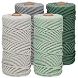 Abiemuce Makramee Garn 4er Set, 3mm x 100m Macrame Cord MakrameeSchnur MakrameeKordel, Baumwollkordel in Naturtönen für DIY Handwerk, Weben Dekoration, Hängepflanze Pflanze Aufhänger, 100%Baumwollseil