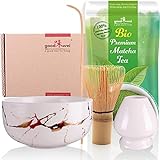 Matcha Tee Set mit Besen, Teeschale und Japanischem Bio Matcha Pulver Tee - Marmor Design (Weiß)