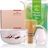 Goodwei BIO Matcha aus Japan im Matcha-Set komplett mit moderner Matcha Schale in edlem Marmor-Design, Matcha Besen und Besenhalter | Geschenkset für Teezeremonie (Weiß/Gold)