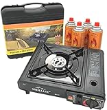 SMHLINE® Campingkocher Gaskocher Set inkl. 4x Gaskartuschen 227g Butan Gas Camping Herd Outdoor Tischgrill 1 flammig Piezozündung Tragekoffer