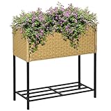 Outsunny Poly Rattan Hochbeet Blumenkasten mit Füßen Blumentopf mit Ablage Sand 70 x 30 x 72 cm