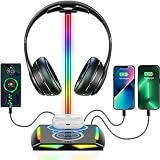 New bee RGB Kopfhörer Ständer mit Wireless Ladegerät,Gaming-Headset-ständer Headset Halterung Wireless Charge Kopfhörer Halter mit 1*USB 2*Typ-C 11 Lighting Effects Modes Schwarz