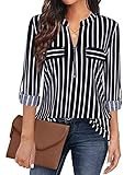 Siddhe Damen Longbluse 3/4 Ärmel Tunika Tops V-Ausschnitt Oberteile Reißverschluss Longshirt A Form T-Shirt Arbeit Hemd Langarmshirts Business Shirt Schwarz Gestreifte, Large