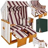 tectake® Strandkorb, Strandkorb Ostsee 2-Sitzer, verstellbare Rückenlehne, Volllieger mit Fußbänkchen und Seitentische, inkl. Schutzhülle & Kissen, Ideal für Balkon, Garten und Terrasse - rot/weiß
