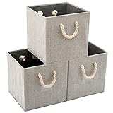 EZOWare 3er-Set Faltbare Aufbewahrungsbox aus Baumwolle, Regalkorb ohne Deckel, Faltbox Organizer Aufbewahrungskorb mit stabilen Griffen (33 x 33 x 33 cm) - Grau
